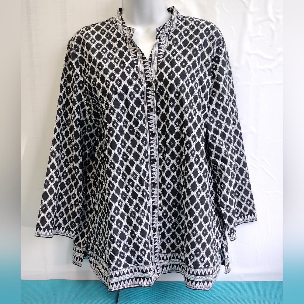 JM Collections 3/4 Sleeve Button Down Shirt with Sequins Black White - 16